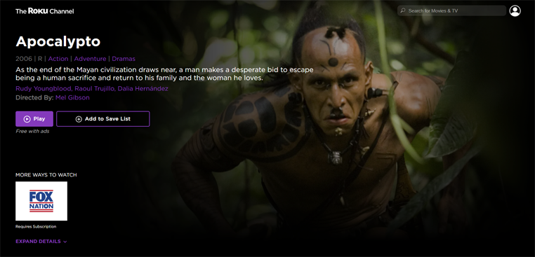 Apocalypto streaming gratis op The Roku Channel