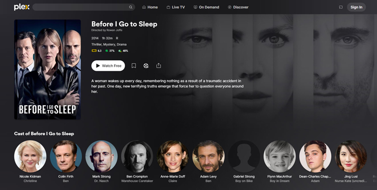 Before I Go to Sleep gratis streaming op Plex