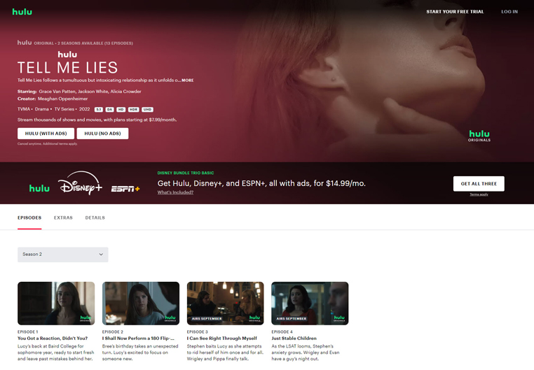 Tell Me Lies seizoen 2 streaming op Hulu