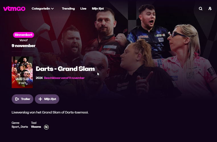 Grand Slam of Darts gratis streaming op VTM GO