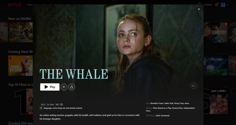 The Whale streaming op AMerikaanse Netflix