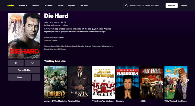 Die Hard streaming op Tubi