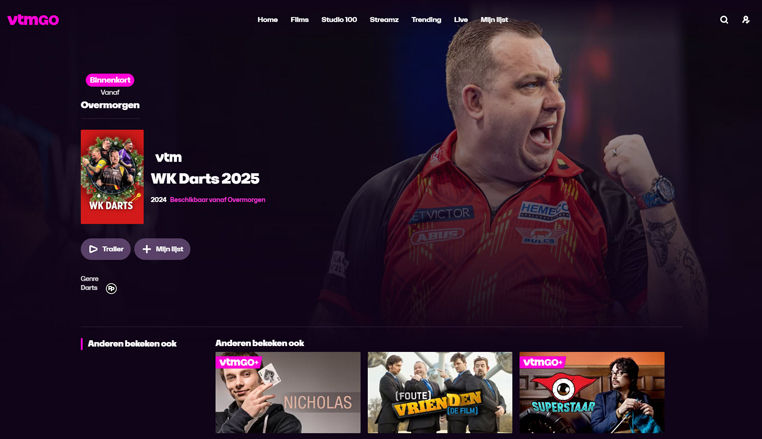 WK Darts gratis streaming op VTM GO