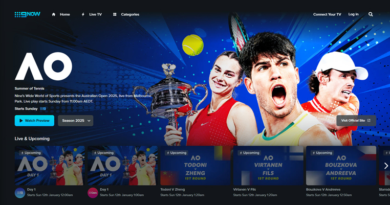 Australian Open streaming gratis op 9Now in Australië