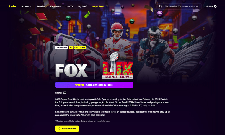 Super Bowl LIX streaming gratis op Tubi