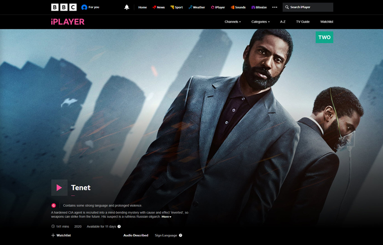 TENET streaming op BBC iPlayer